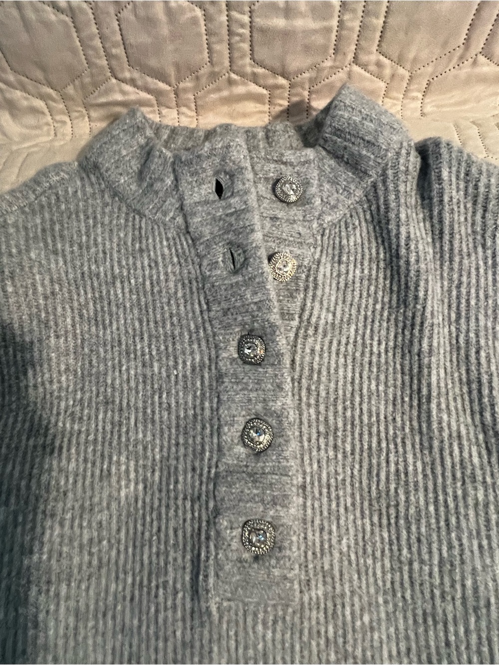 Talbots Gray Ribbed Knit Sweater Large Jeweled Button Mock Neck Pullover